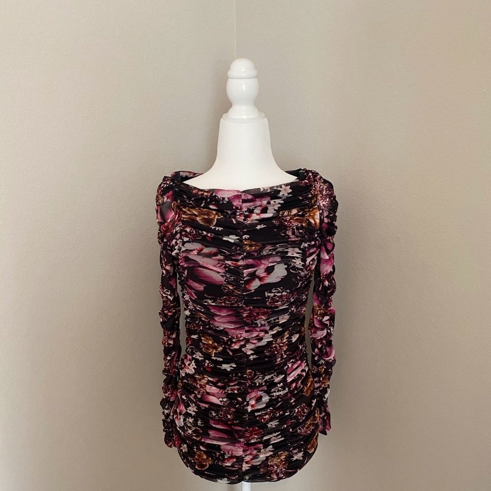 NWT bebe Floral Printed Mesh Ruched Mini Dress XS